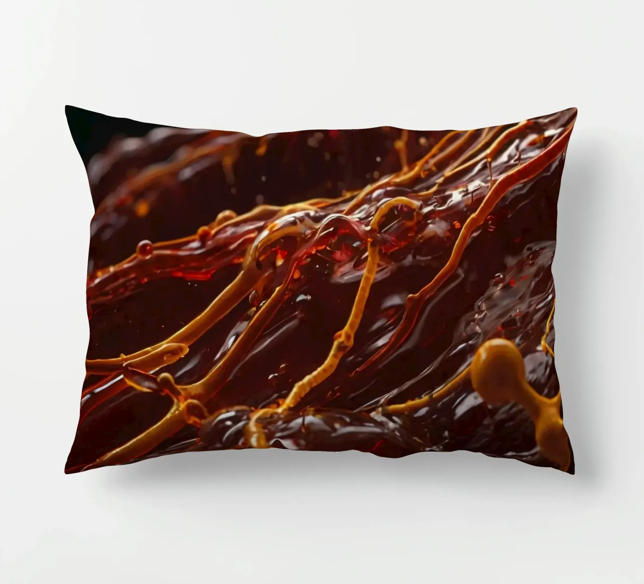 Fluid dynamics captured in orange and red layers decorative cushion by DesignDoodle
