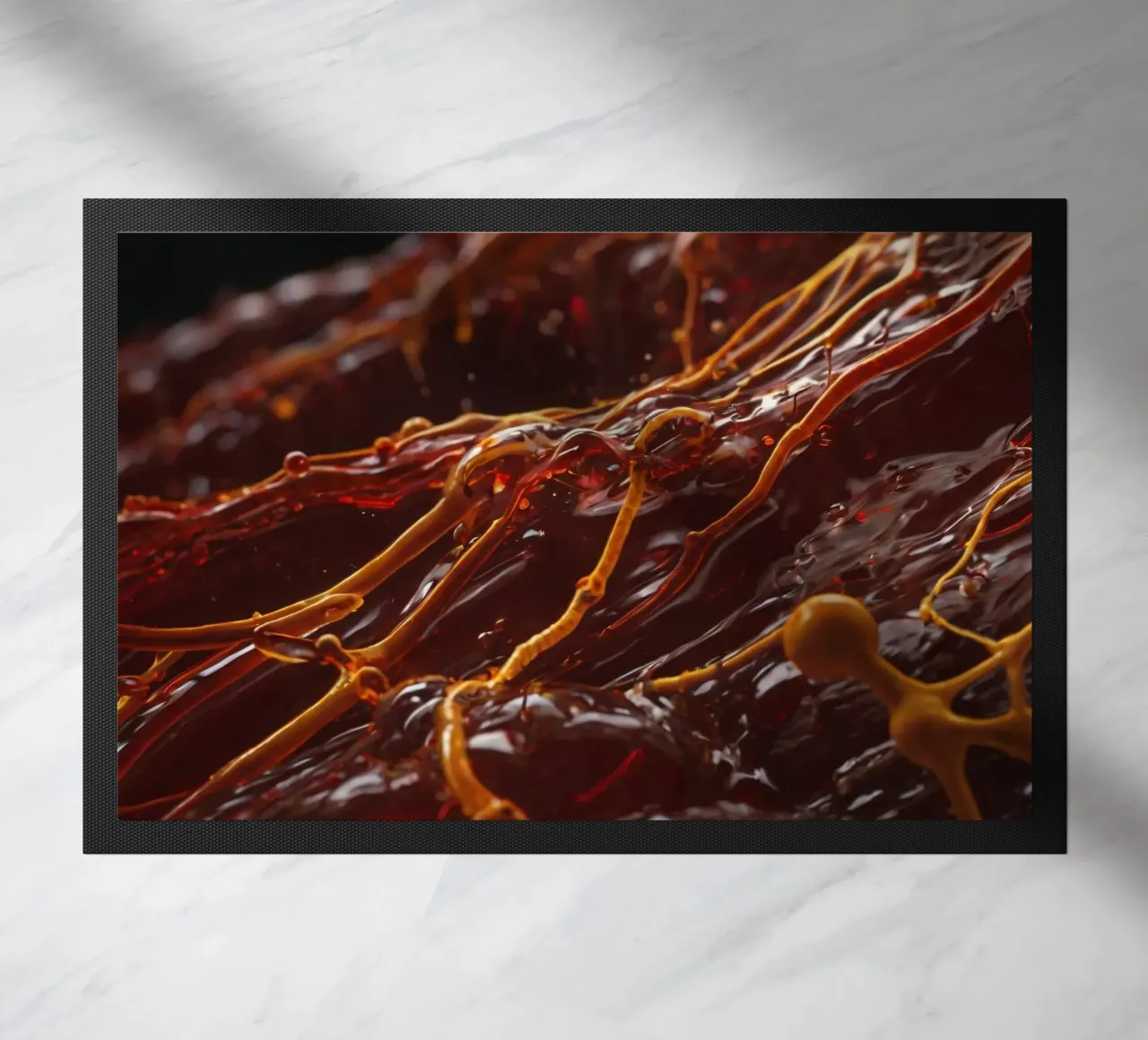 Fluid dynamics captured in orange and red layers doormat by DesignDoodle