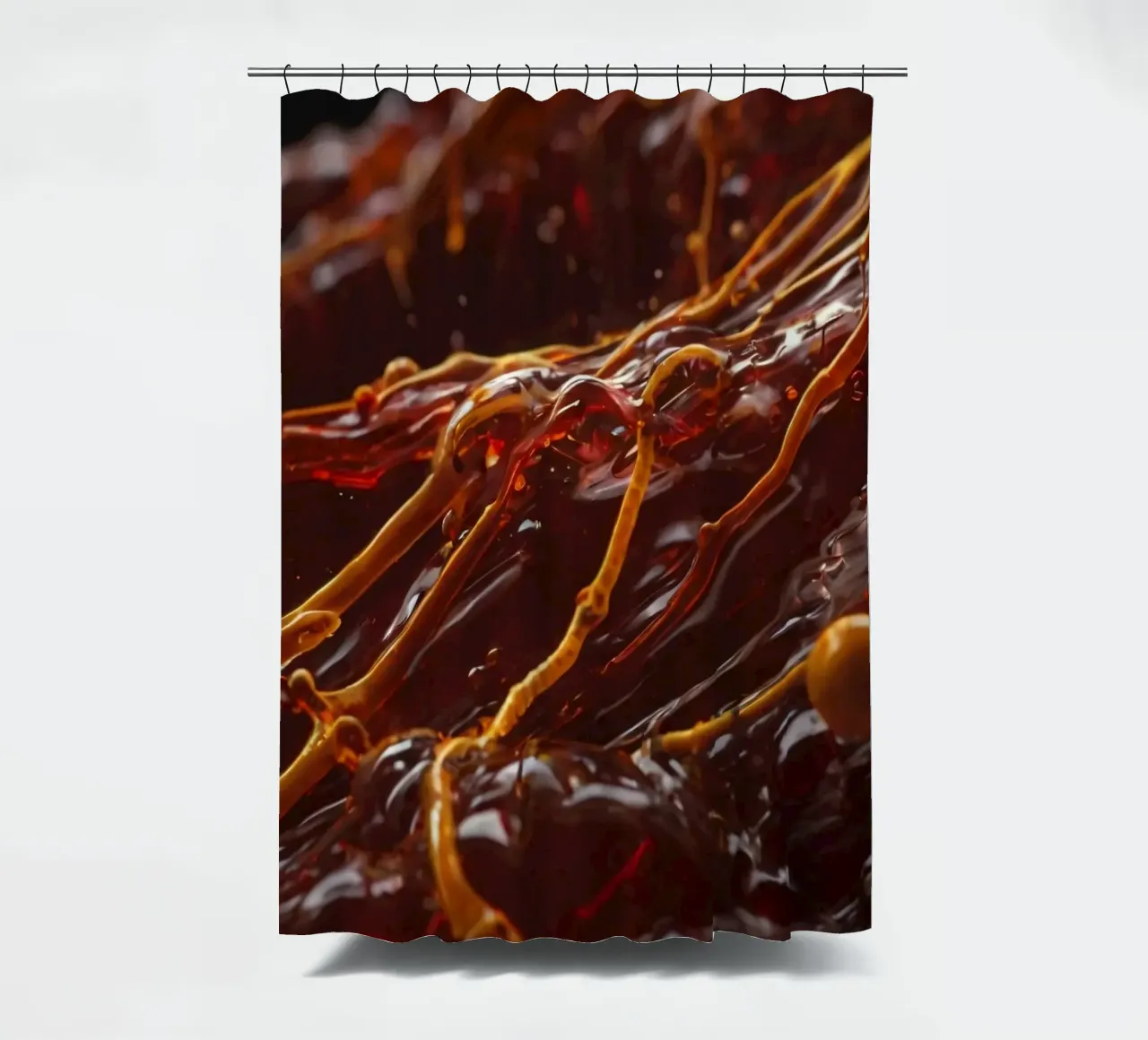 Fluid dynamics captured in orange and red layers shower curtain by DesignDoodle