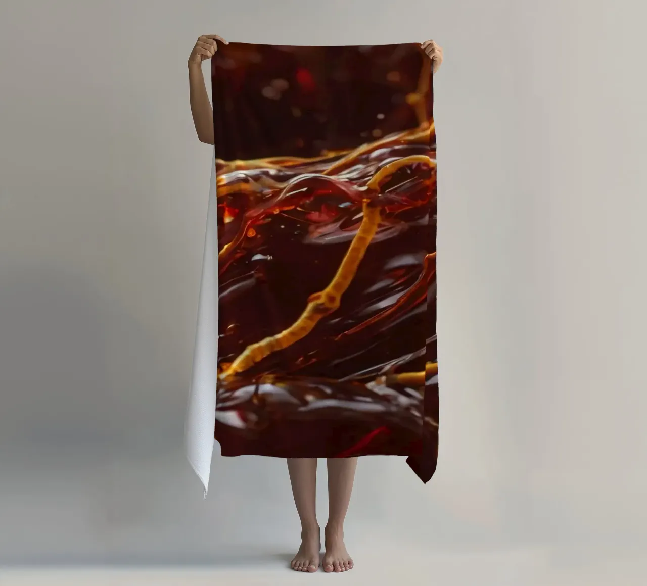 Fluid dynamics captured in orange and red layers beach towel by DesignDoodle