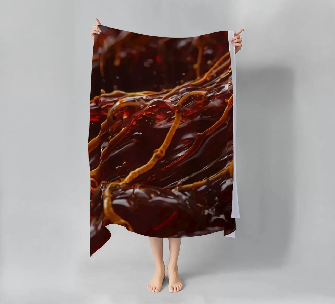 Fluid dynamics captured in orange and red layers beach towel by DesignDoodle