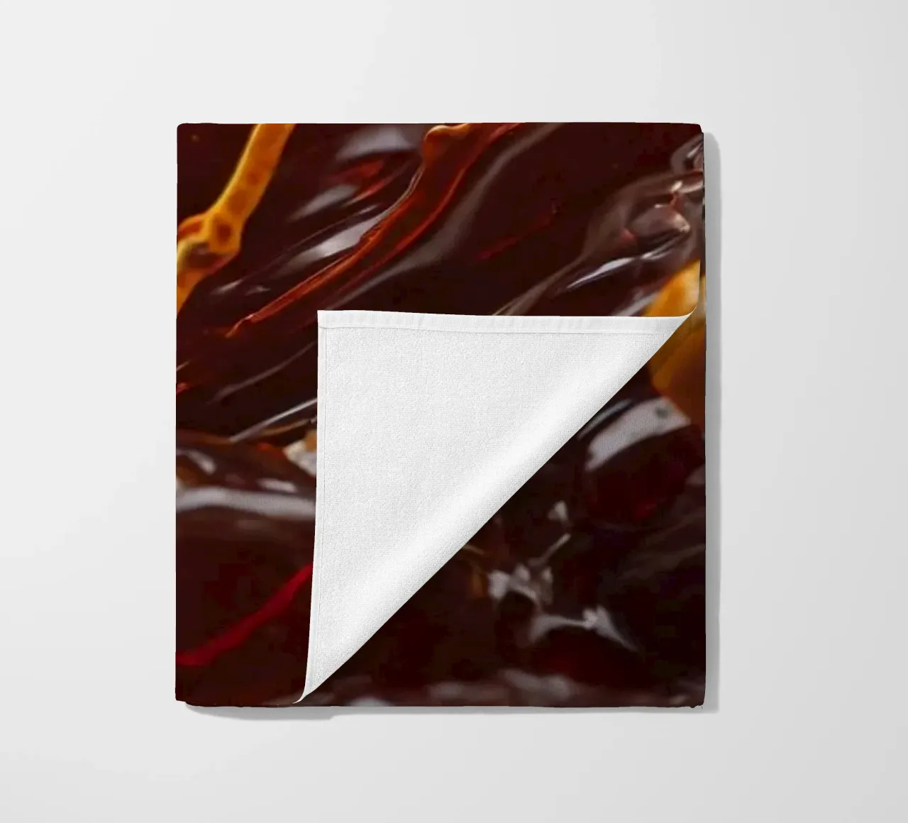 Fluid dynamics captured in orange and red layers beach towel by DesignDoodle
