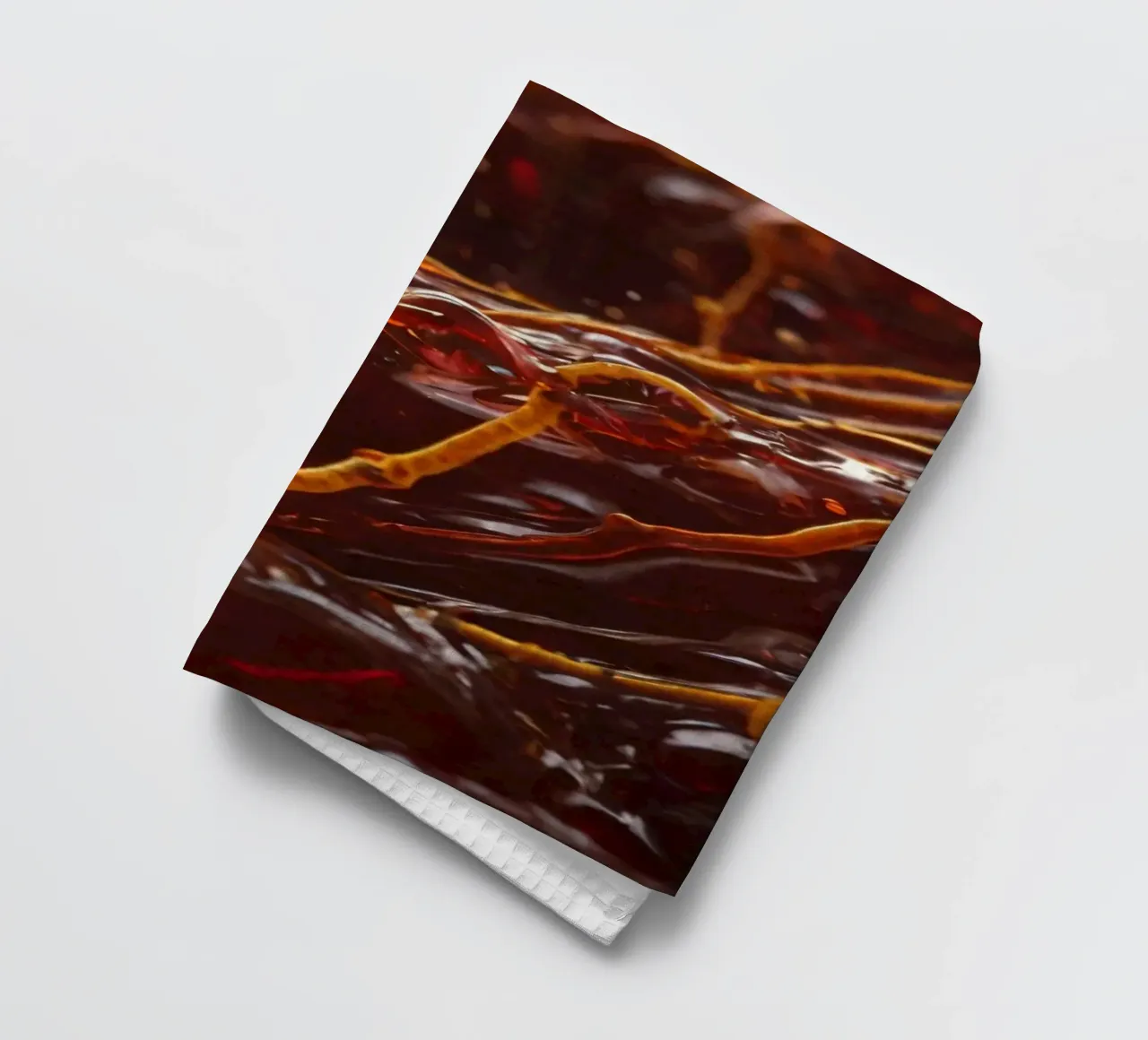 Fluid dynamics captured in orange and red layers tea towel by DesignDoodle