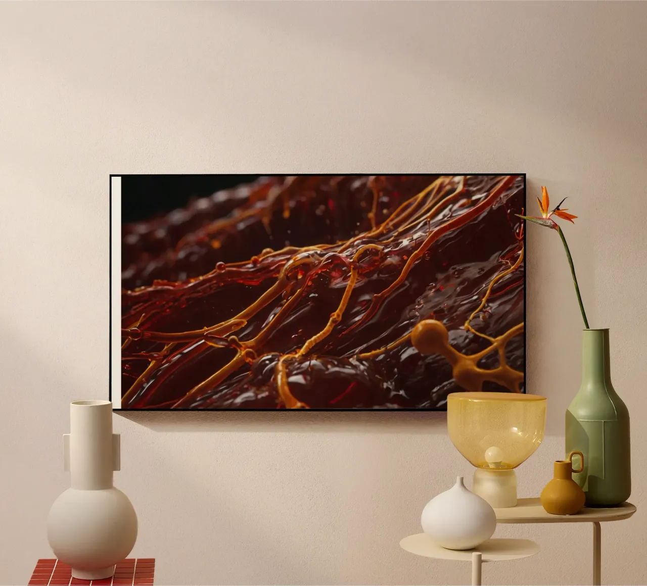 Fluid dynamics captured in orange and red layers acrylic glass by DesignDoodle