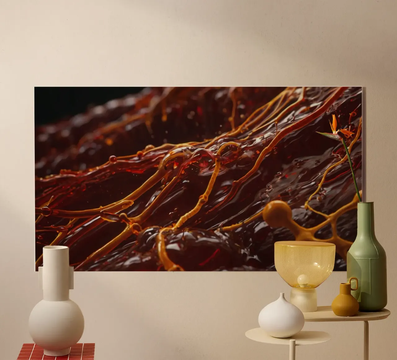 Fluid dynamics captured in orange and red layers acrylic glass by DesignDoodle