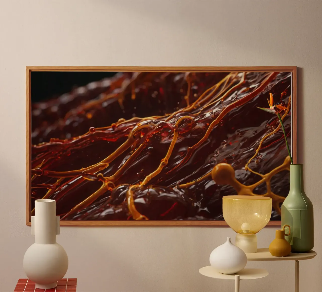 Fluid dynamics captured in orange and red layers alu-dibond by DesignDoodle