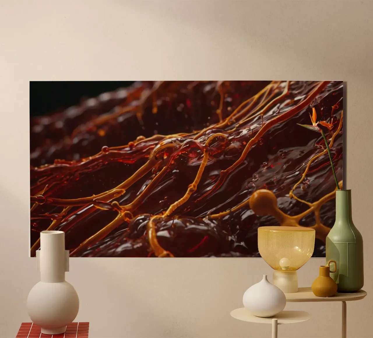 Fluid dynamics captured in orange and red layers alu-dibond by DesignDoodle