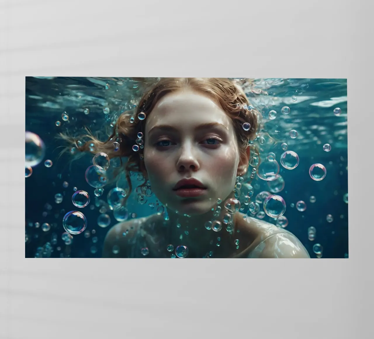Una giovane donna immersa sott'acqua, circondata da bolle d'aria pellicola backlit da DesignDoodle