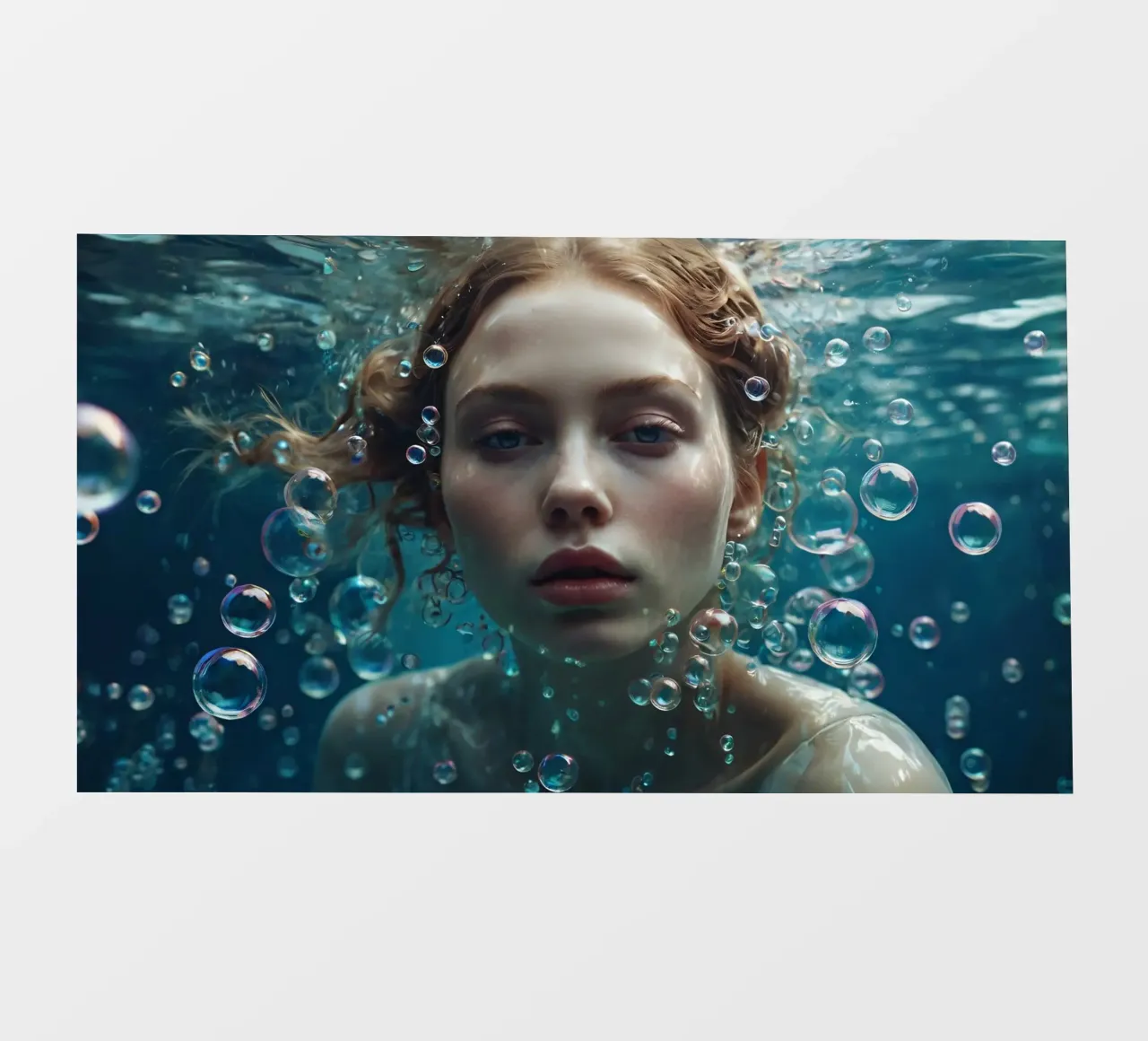 Una giovane donna immersa sott'acqua, circondata da bolle d'aria pellicola backlit da DesignDoodle