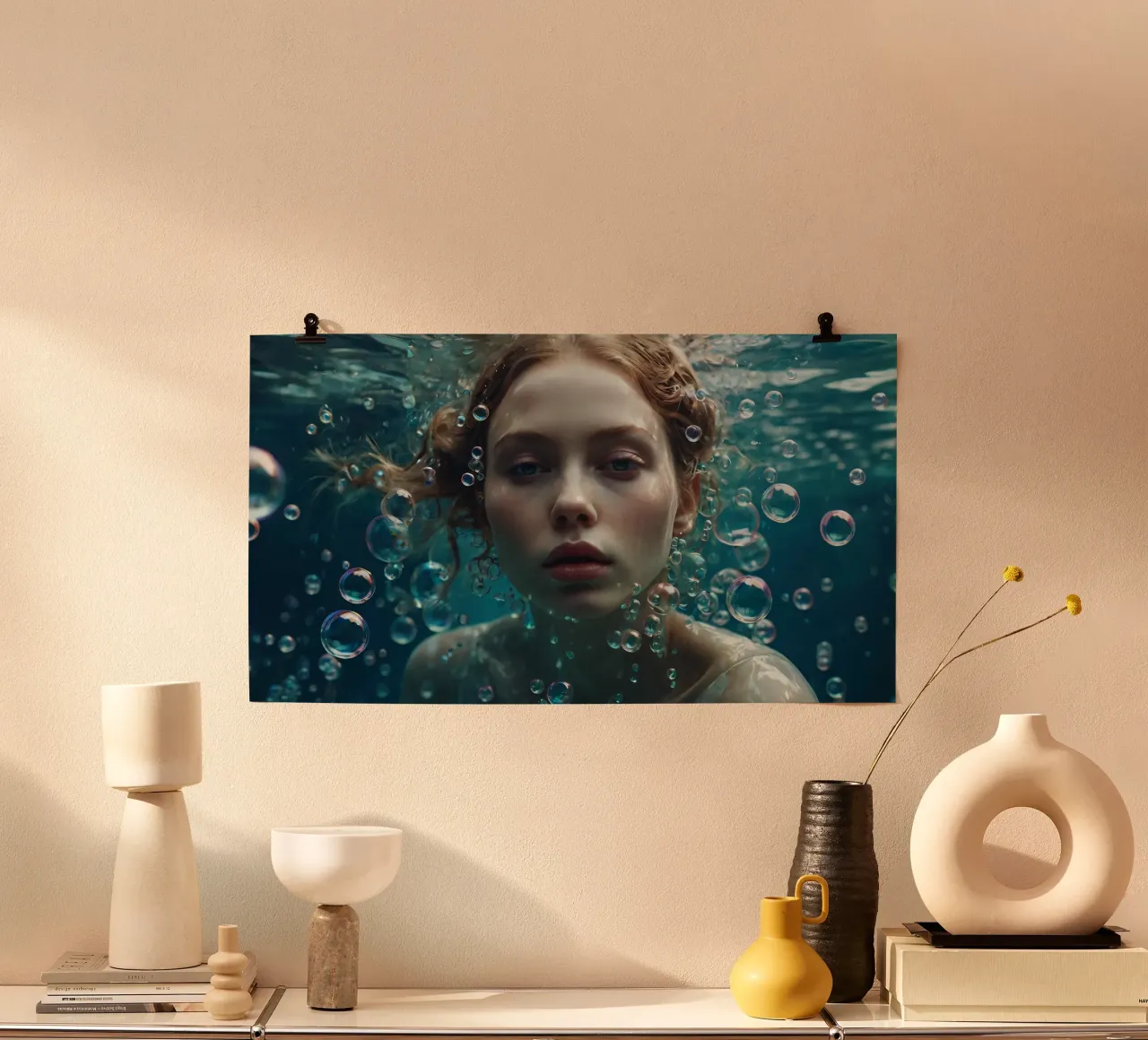 A young woman submerged underwater, surrounded by bubbles hahnemühle by DesignDoodle