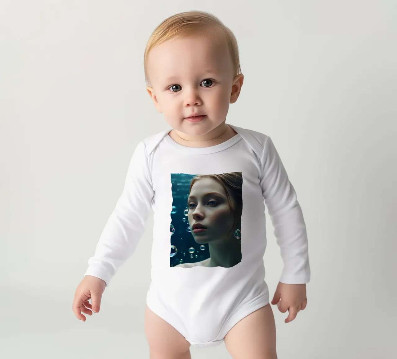 Ein Moment unter Wasser mit einer jungen Frau, umgeben von Luftblasen Langarm Babybody von DesignDoodle