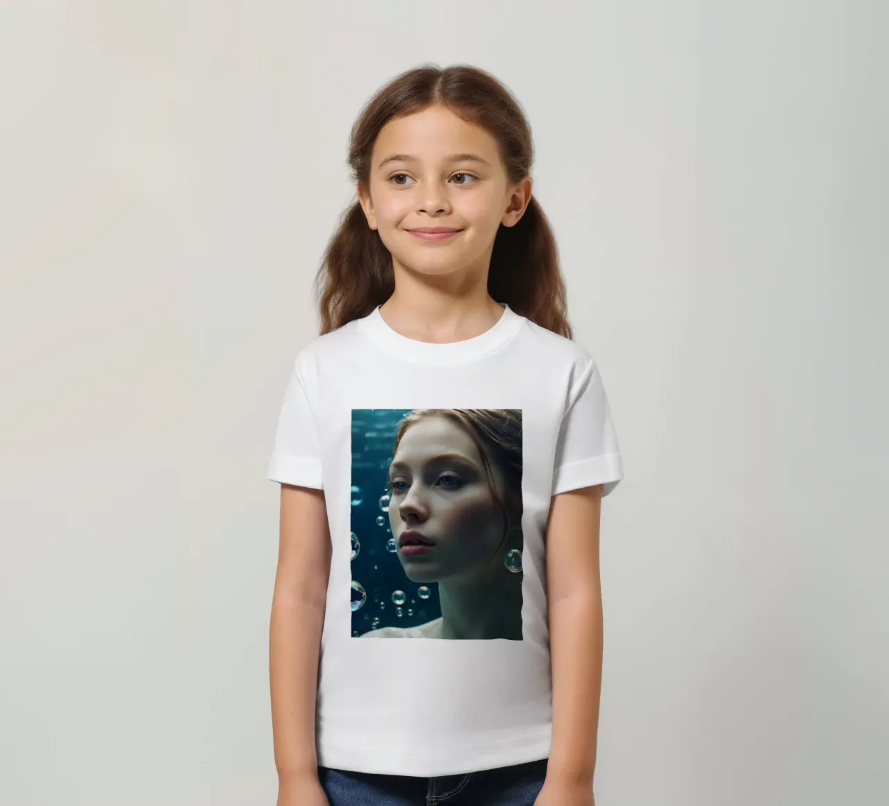 Un momento sott'acqua con una giovane donna circondata dalle bollicine t-shirt bambini da DesignDoodle