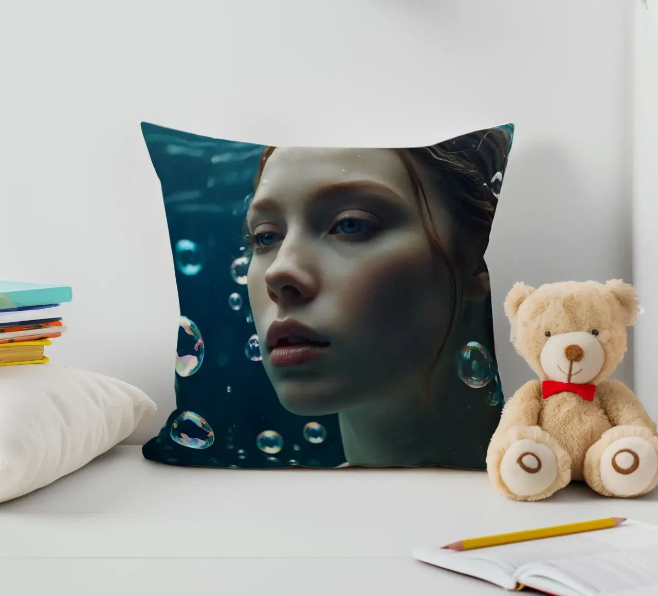 Un momento sott'acqua con una giovane donna circondata dalle bollicine cuscino da DesignDoodle