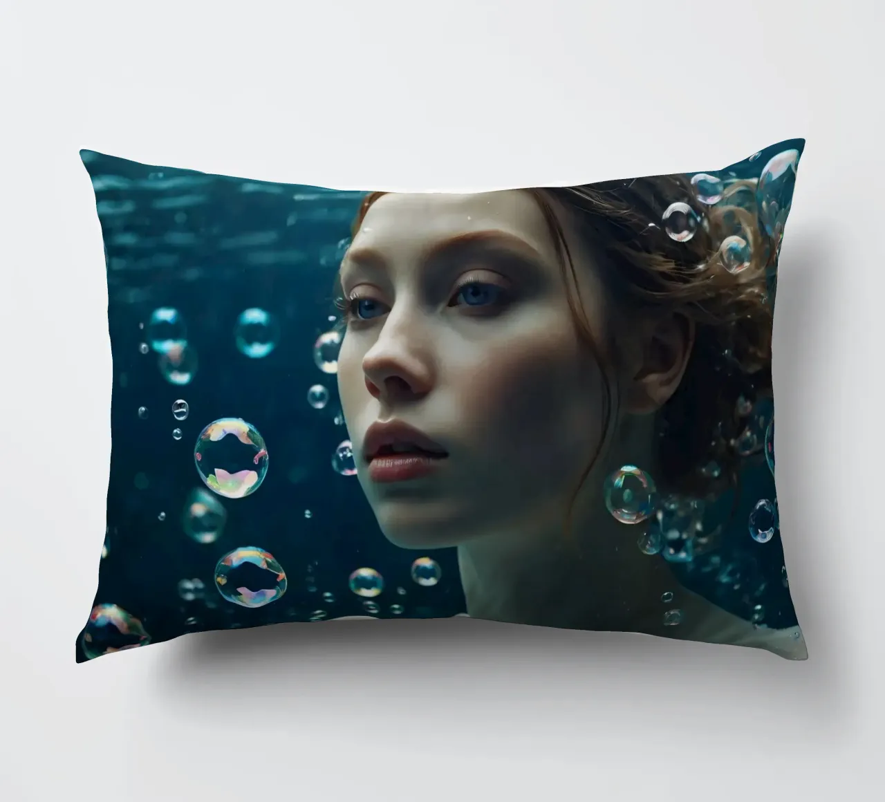 Un momento sott'acqua con una giovane donna circondata dalle bollicine cuscino da DesignDoodle