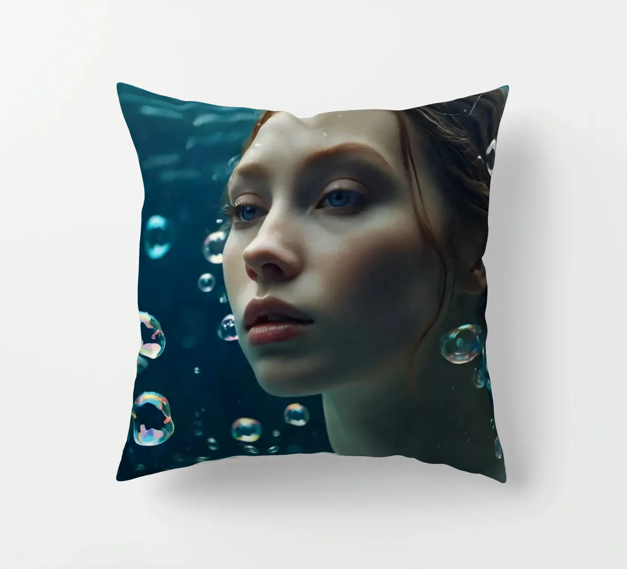 Un momento sott'acqua con una giovane donna circondata dalle bollicine cuscino da DesignDoodle