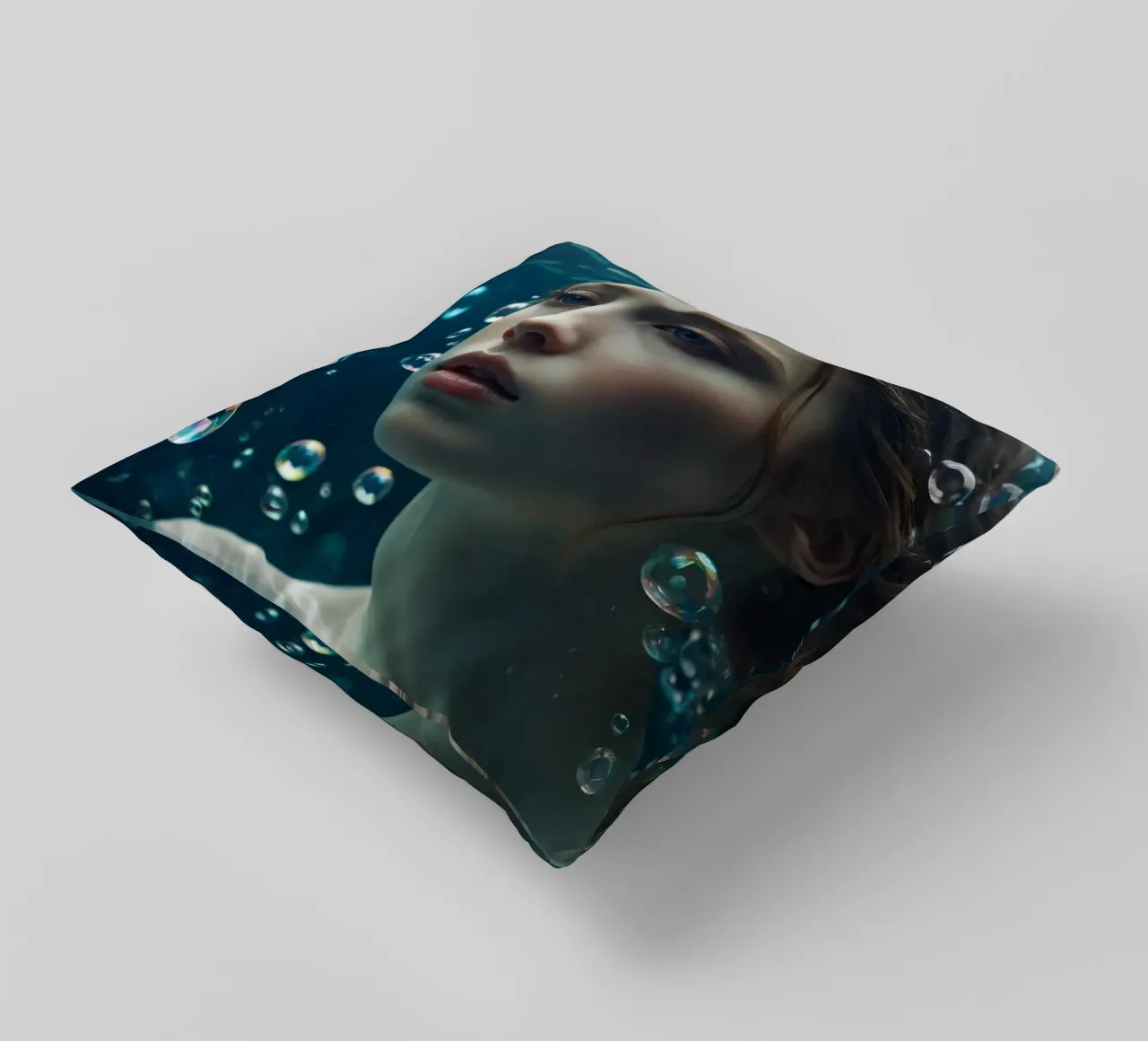 Un momento sott'acqua con una giovane donna circondata dalle bollicine cuscino da DesignDoodle