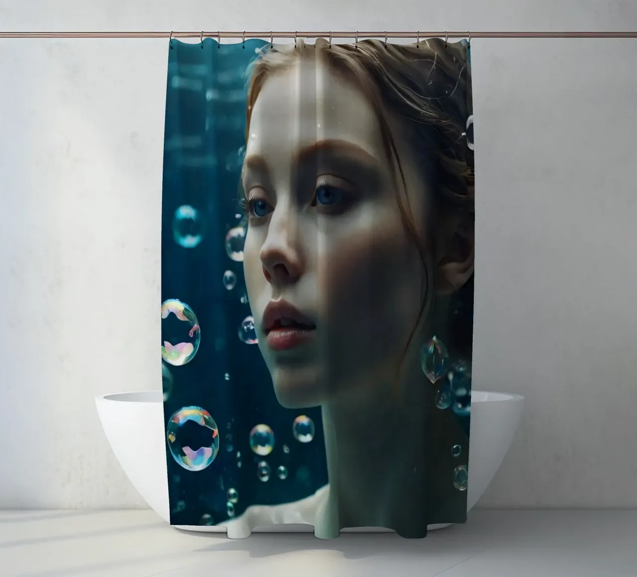 Ein Moment unter Wasser mit einer jungen Frau, umgeben von Luftblasen Duschvorhang von DesignDoodle