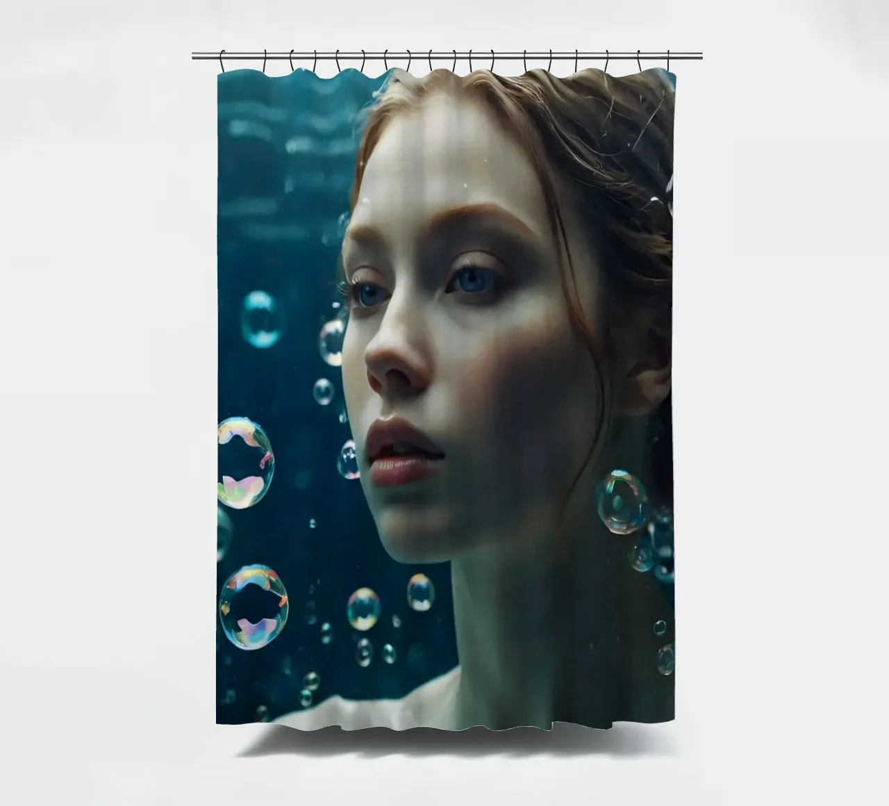 Ein Moment unter Wasser mit einer jungen Frau, umgeben von Luftblasen Duschvorhang von DesignDoodle