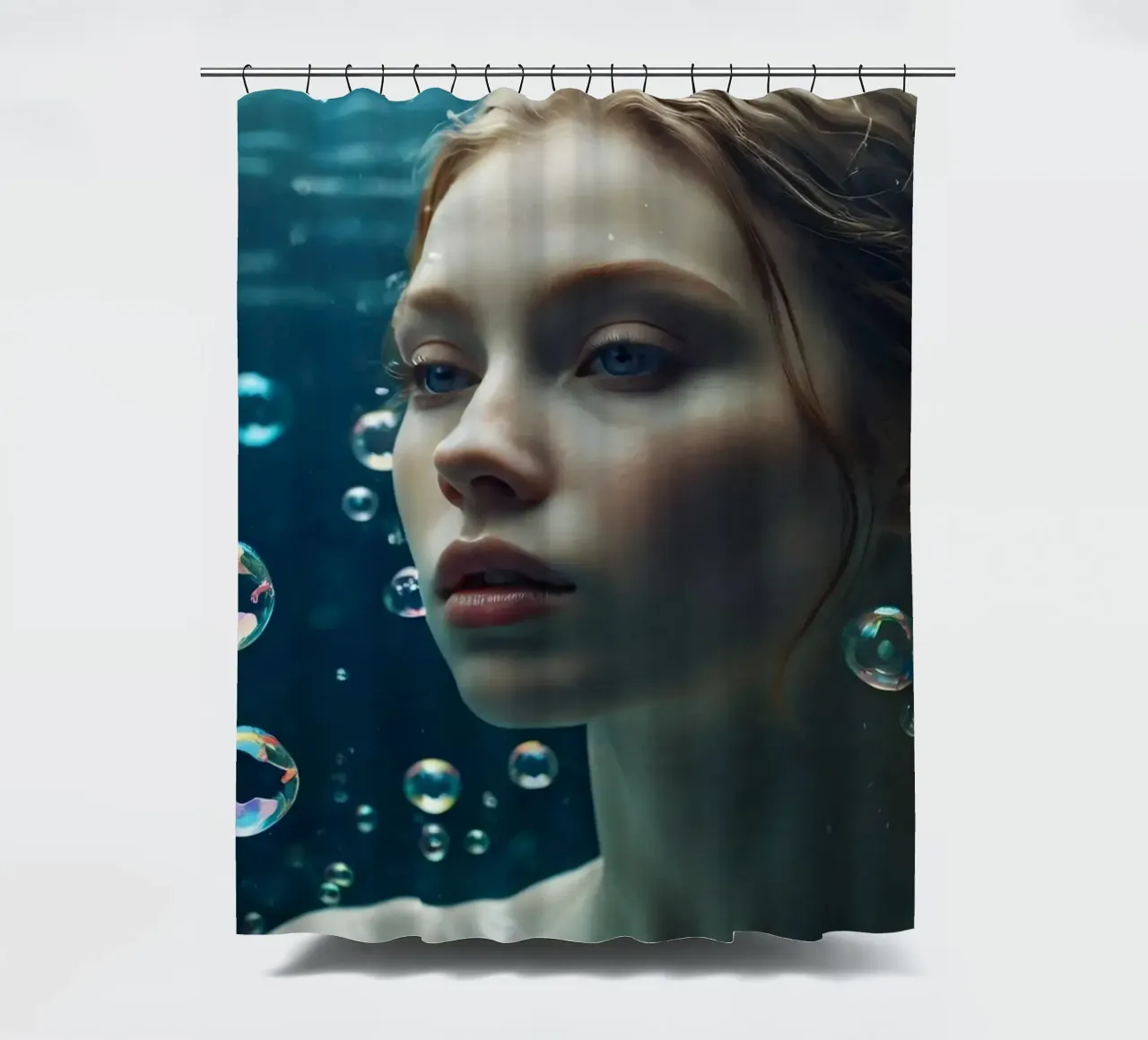 Ein Moment unter Wasser mit einer jungen Frau, umgeben von Luftblasen Duschvorhang von DesignDoodle