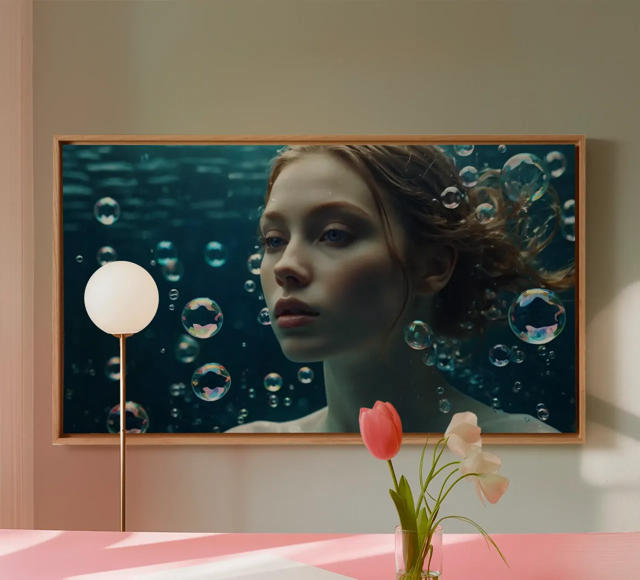 Un momento sott'acqua con una giovane donna circondata dalle bollicine tela con Cornice a cassetta da DesignDoodle