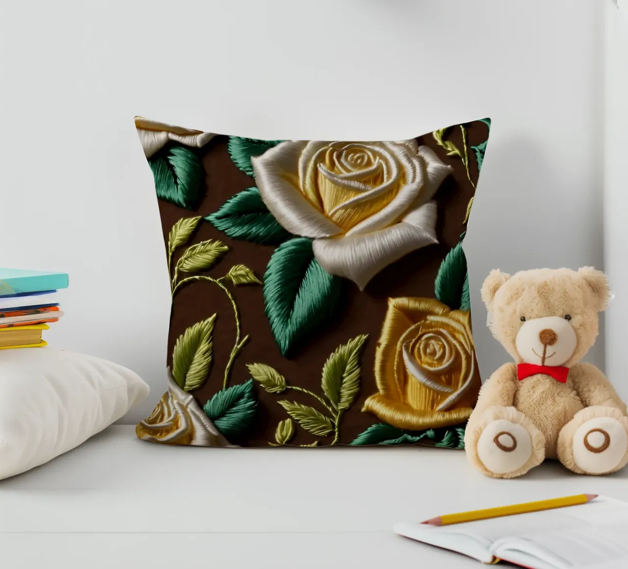 Ricamo floreale colorato in giallo e bianco cuscino da DesignDoodle