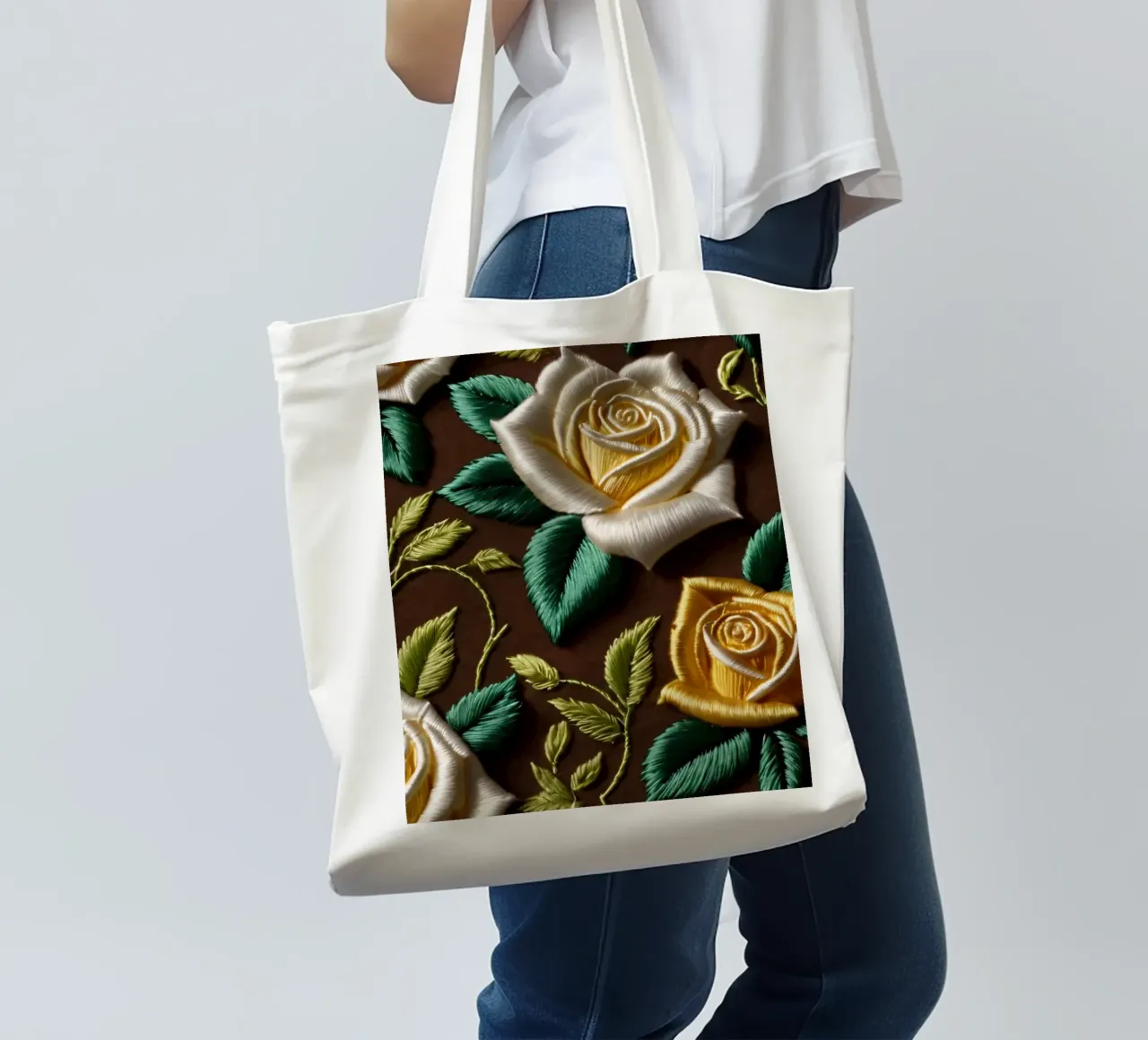 Kleurrijk bloemenborduurmotief met geel en wit jute draagtas van DesignDoodle