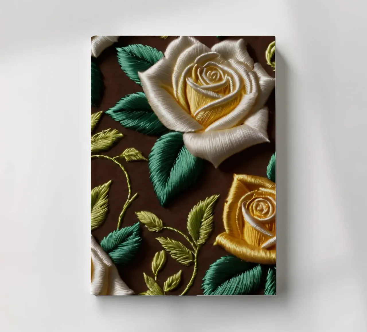 Colorful floral embroidery design featuring yellow and white notebook by DesignDoodle