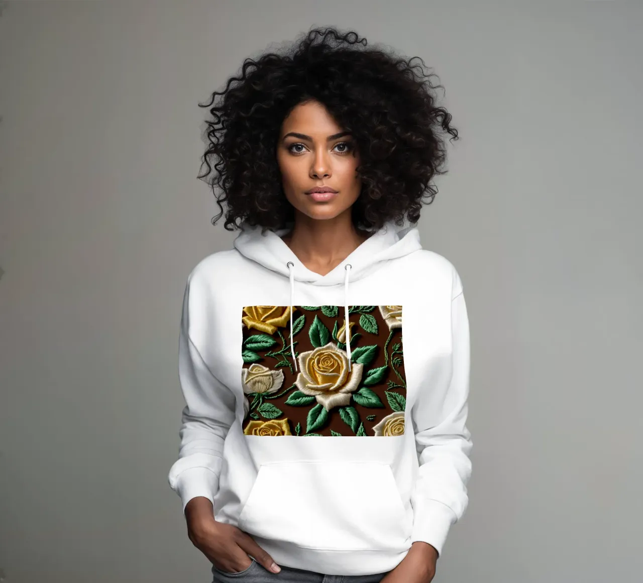 Rose ricamate di ottima fattura su un tessuto marrone felpa con cappuccio da DesignDoodle