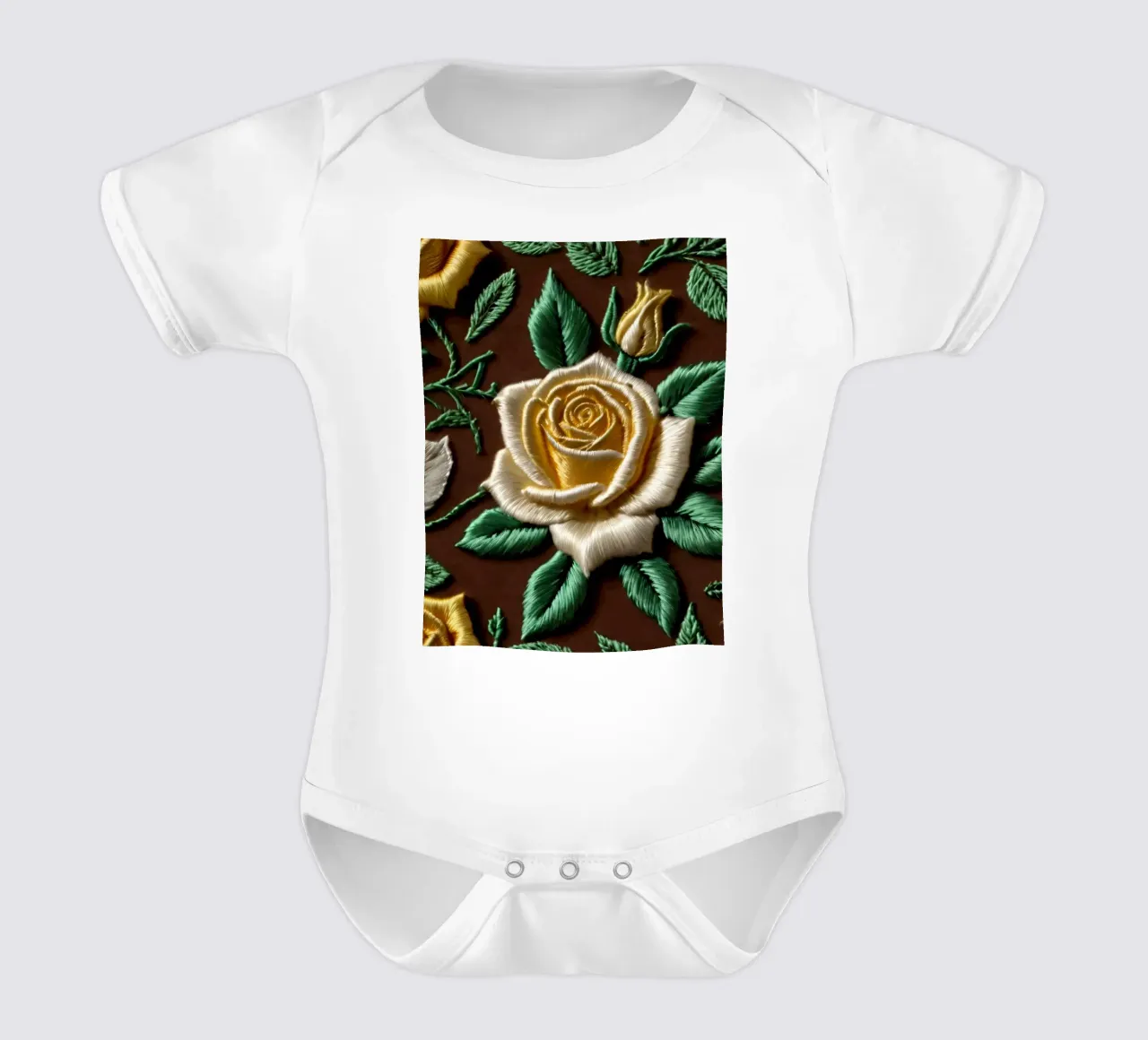 Rose ricamate di ottima fattura su un tessuto marrone body neonato maniche corte da DesignDoodle