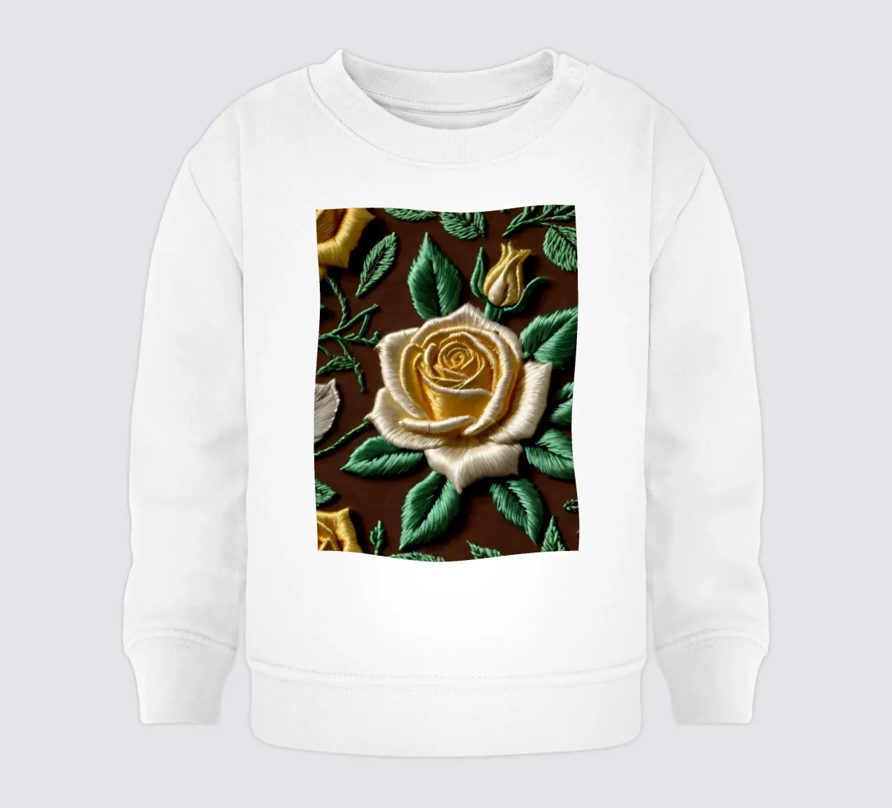 Rose ricamate di ottima fattura su un tessuto marrone felpa neonato da DesignDoodle