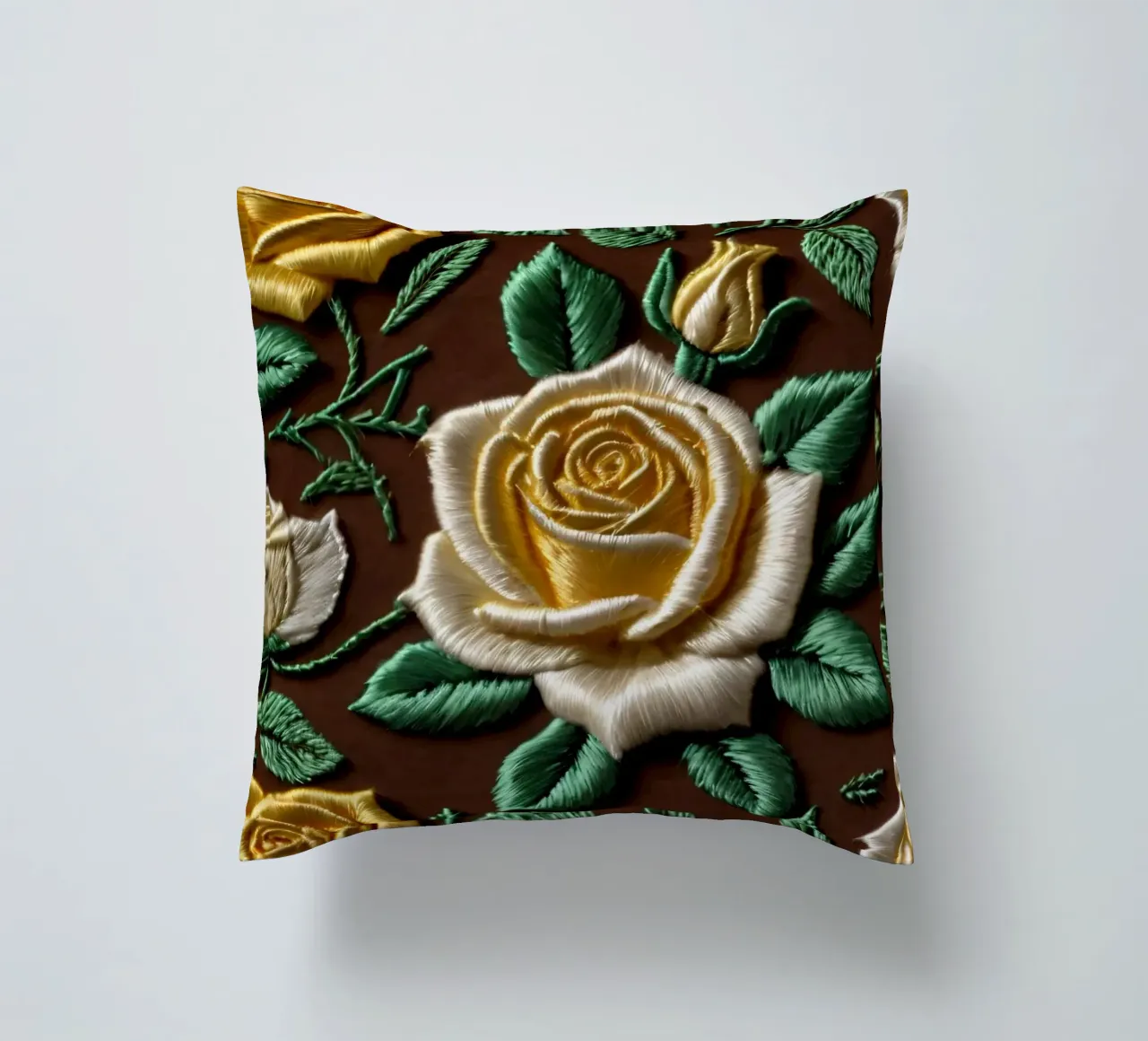 Rose ricamate di ottima fattura su un tessuto marrone cuscino da DesignDoodle