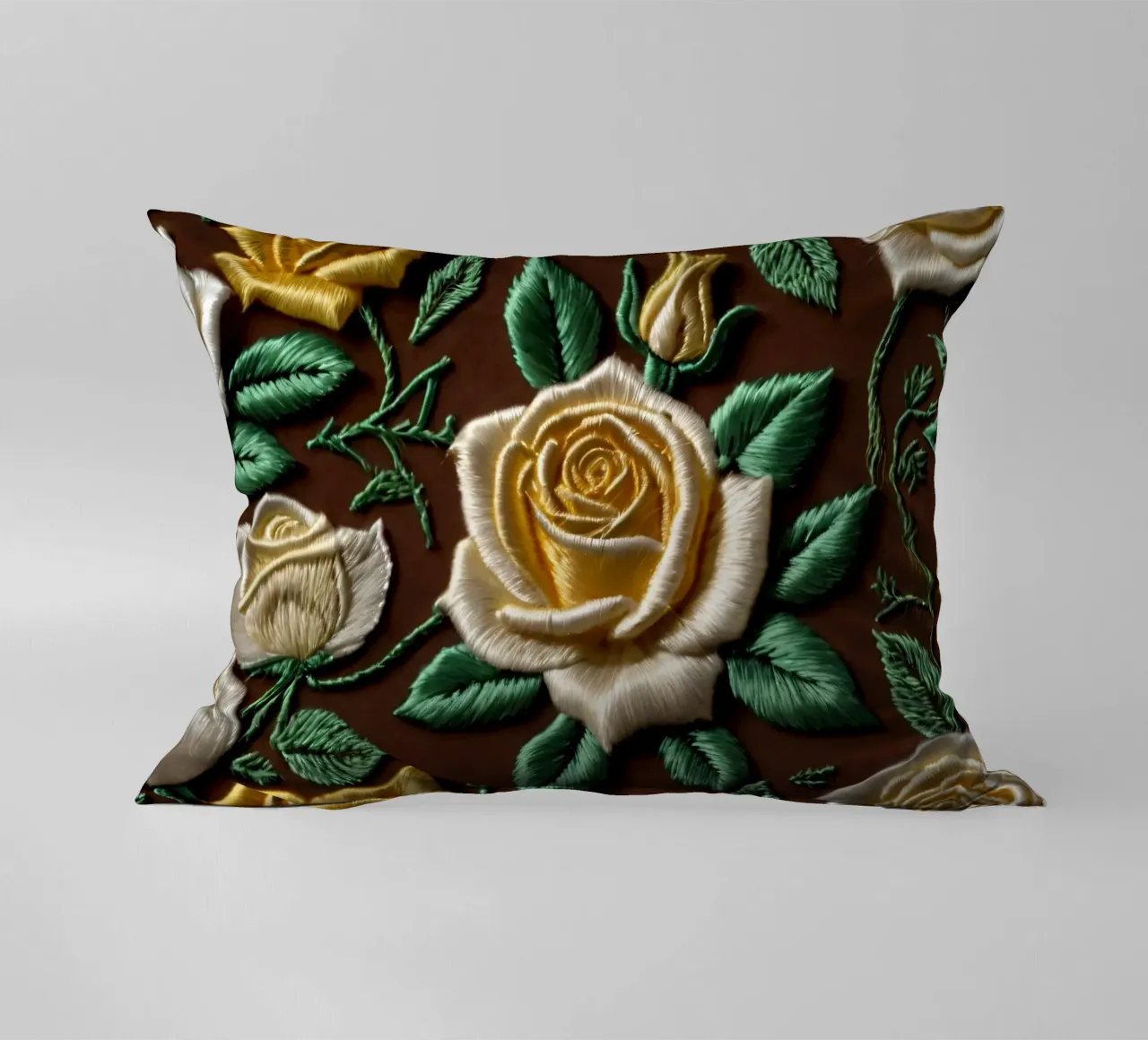 Rose ricamate di ottima fattura su un tessuto marrone cuscino da DesignDoodle
