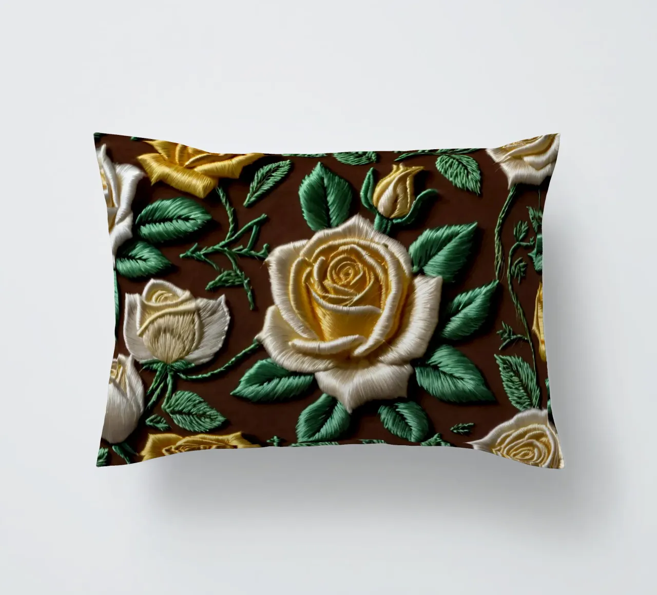 Rose ricamate di ottima fattura su un tessuto marrone cuscino da DesignDoodle