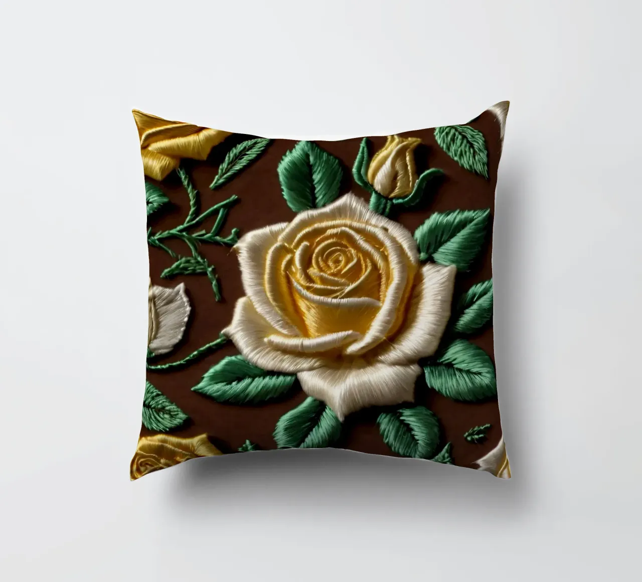 Rose ricamate di ottima fattura su un tessuto marrone cuscino da DesignDoodle