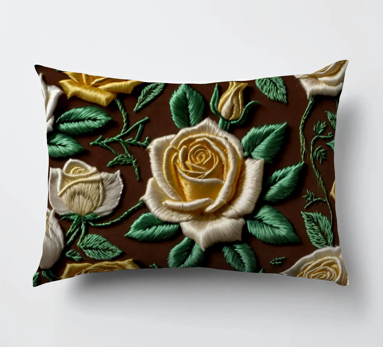 Rose ricamate di ottima fattura su un tessuto marrone cuscino da DesignDoodle