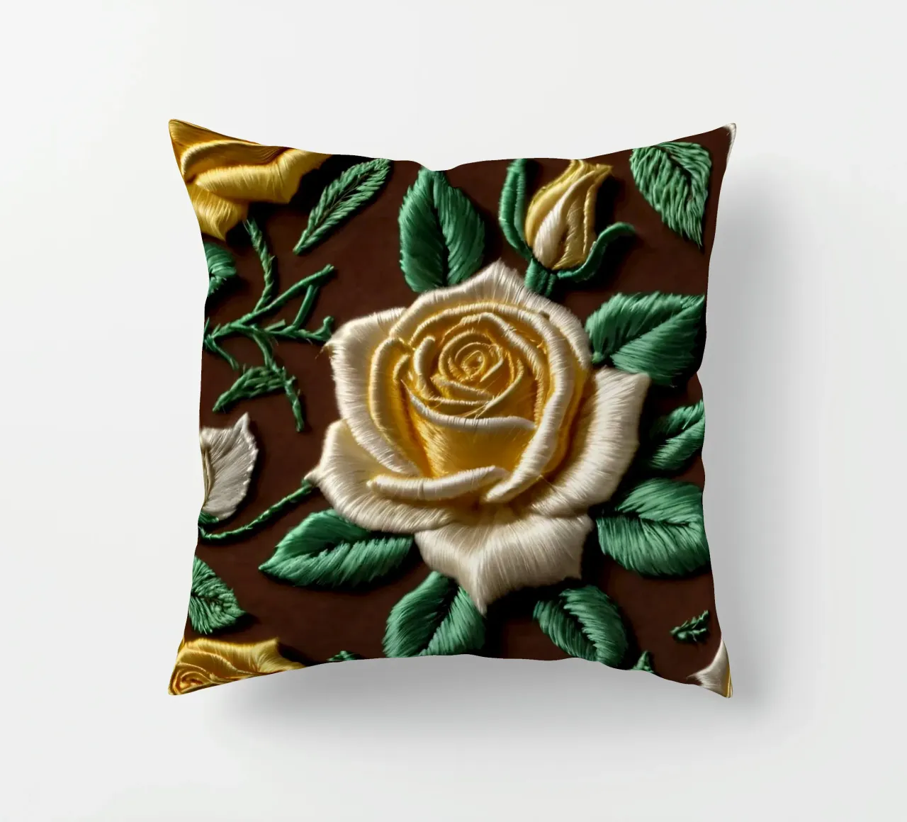 Rose ricamate di ottima fattura su un tessuto marrone cuscino da DesignDoodle