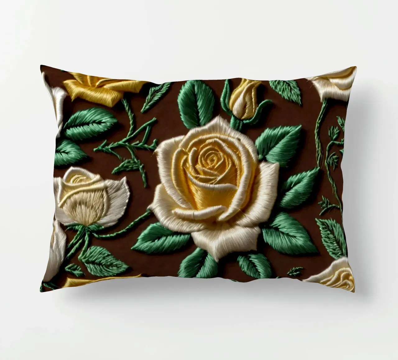 Rose ricamate di ottima fattura su un tessuto marrone cuscino da DesignDoodle