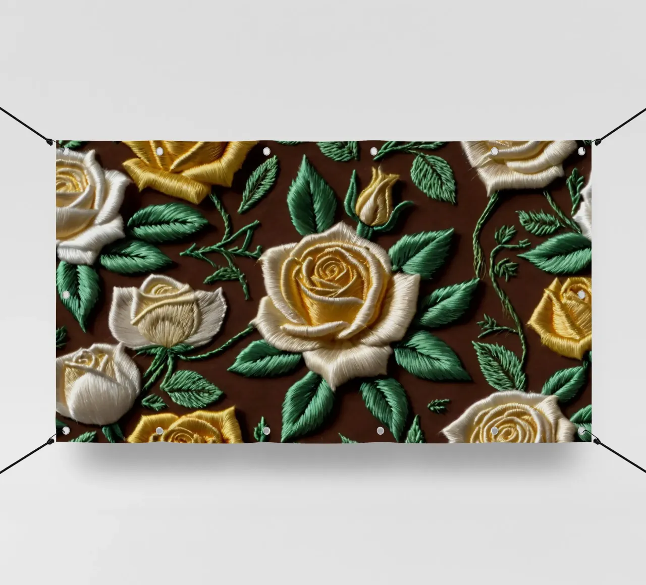 Rose ricamate di ottima fattura su un tessuto marrone telo in pvc da DesignDoodle