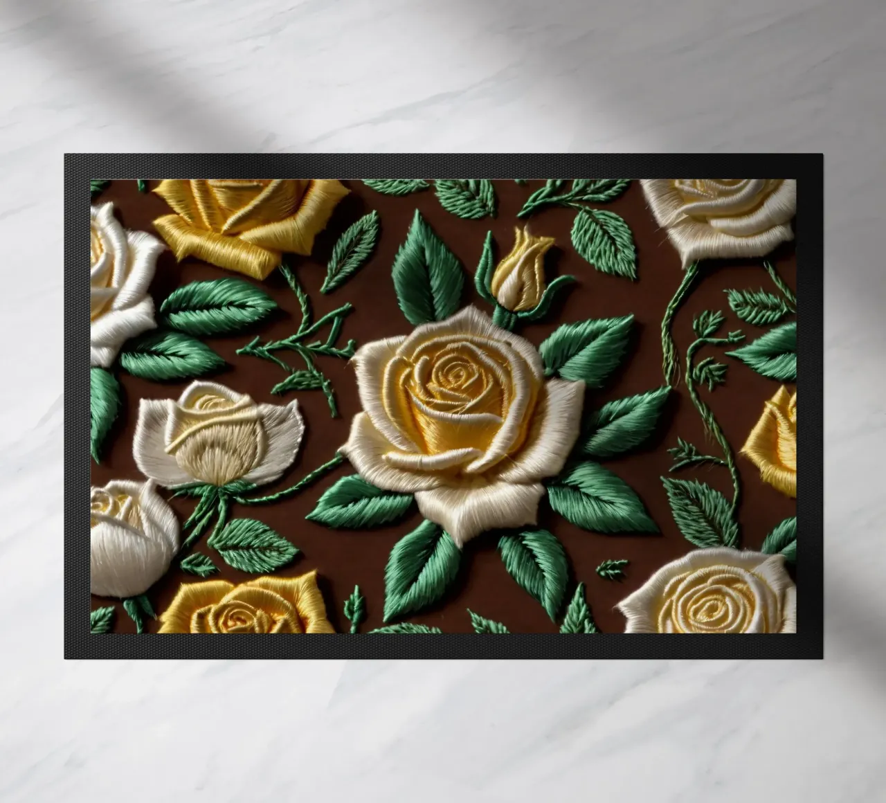 Rose ricamate di ottima fattura su un tessuto marrone zerbino da DesignDoodle