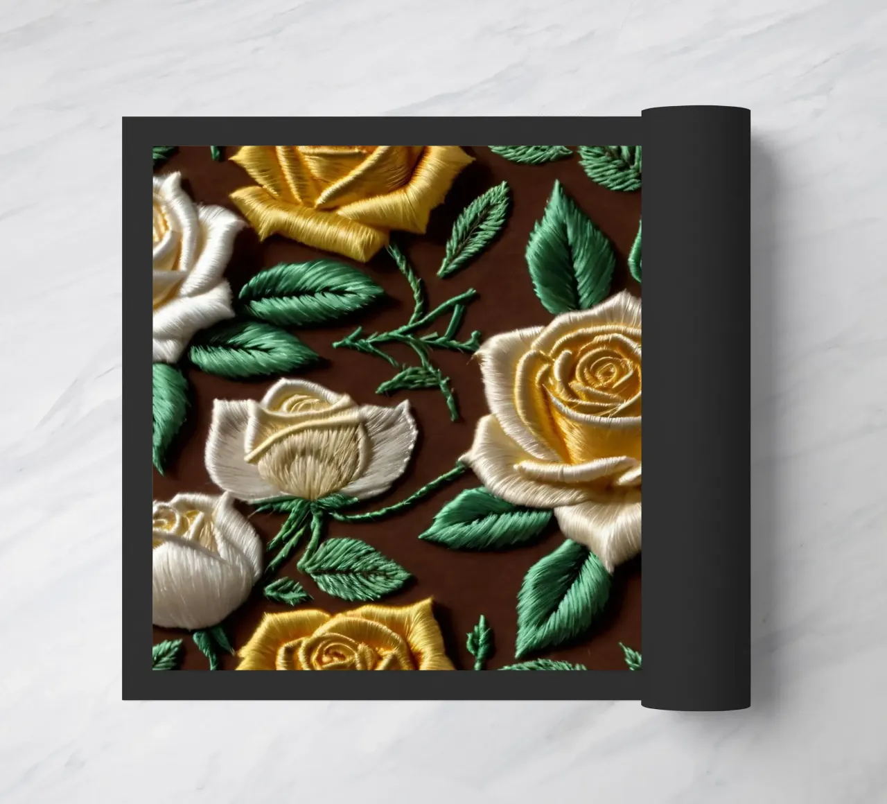 Rose ricamate di ottima fattura su un tessuto marrone zerbino da DesignDoodle