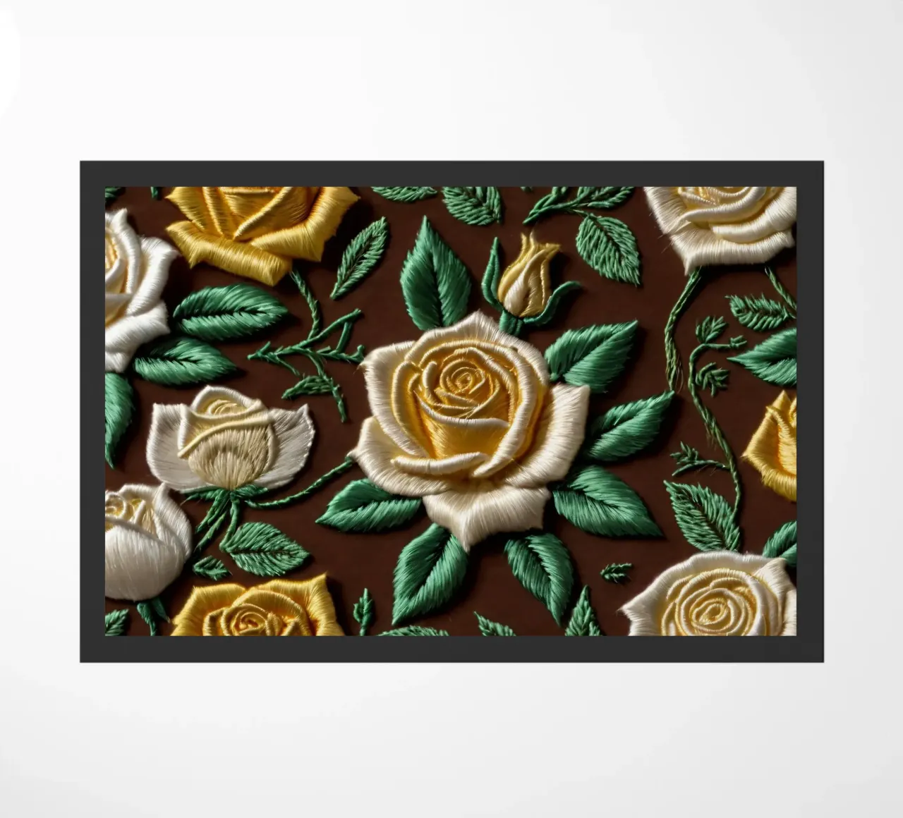 Rose ricamate di ottima fattura su un tessuto marrone zerbino da DesignDoodle
