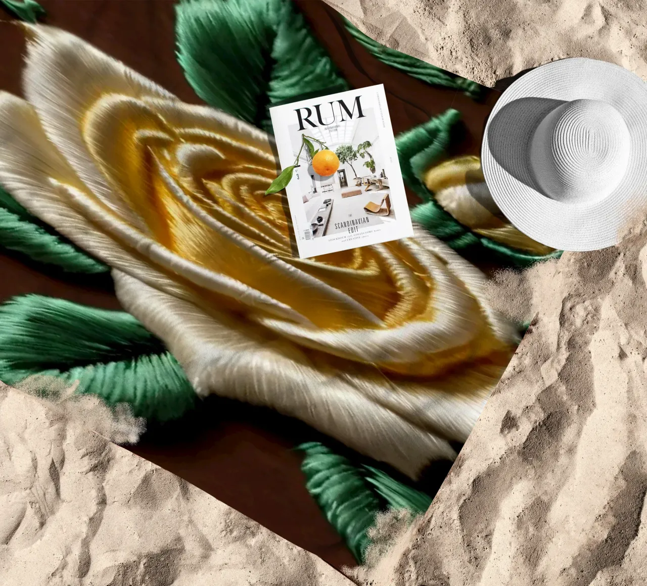Rose ricamate di ottima fattura su un tessuto marrone telo mare da DesignDoodle