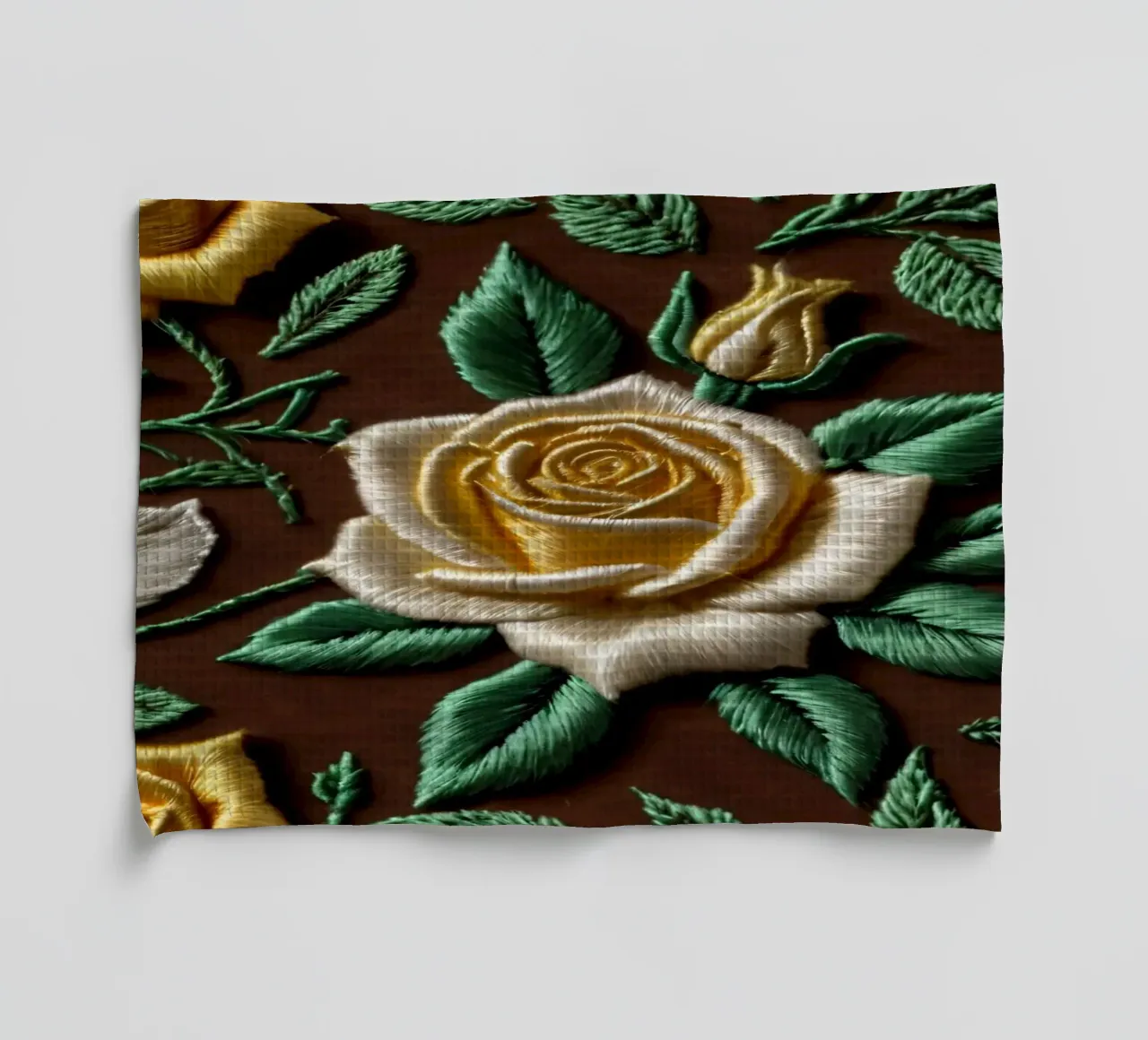 Rose ricamate di ottima fattura su un tessuto marrone canovaccio da cucina da DesignDoodle