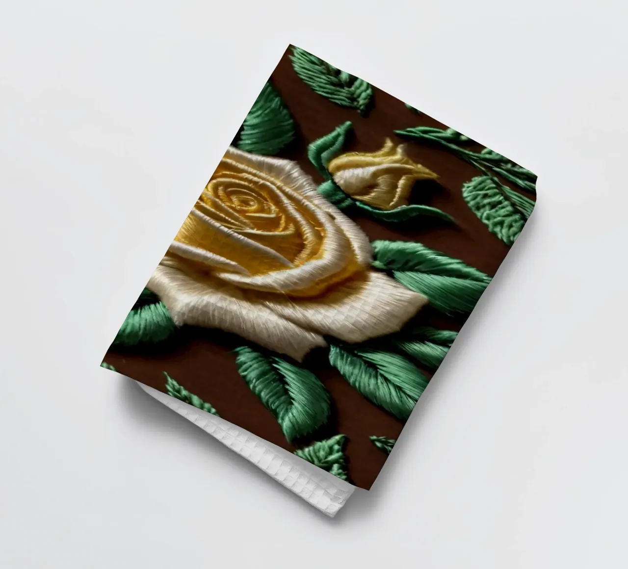 Rose ricamate di ottima fattura su un tessuto marrone canovaccio da cucina da DesignDoodle