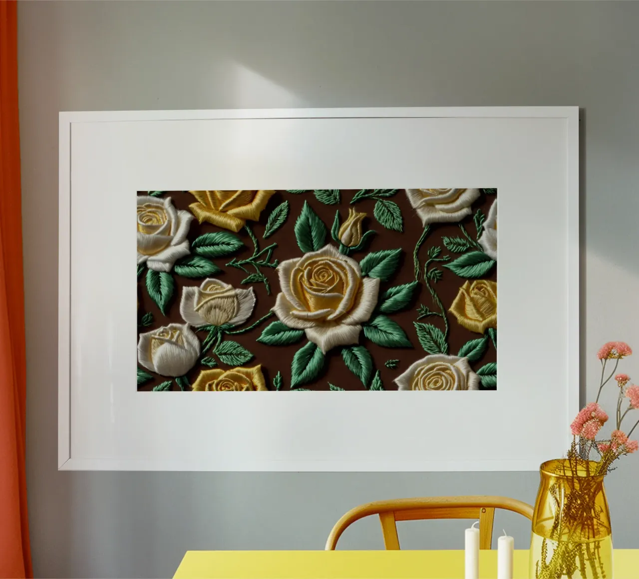 Rose ricamate di ottima fattura su un tessuto marrone carta hahnemühle da DesignDoodle