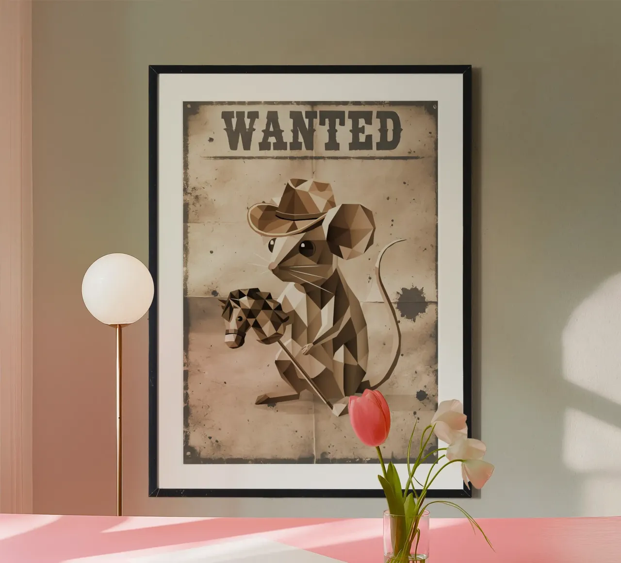 Ratón de estilo vaquero con caballo de tiro - como cartel de "Se busca poster con marco de plástico de namosh