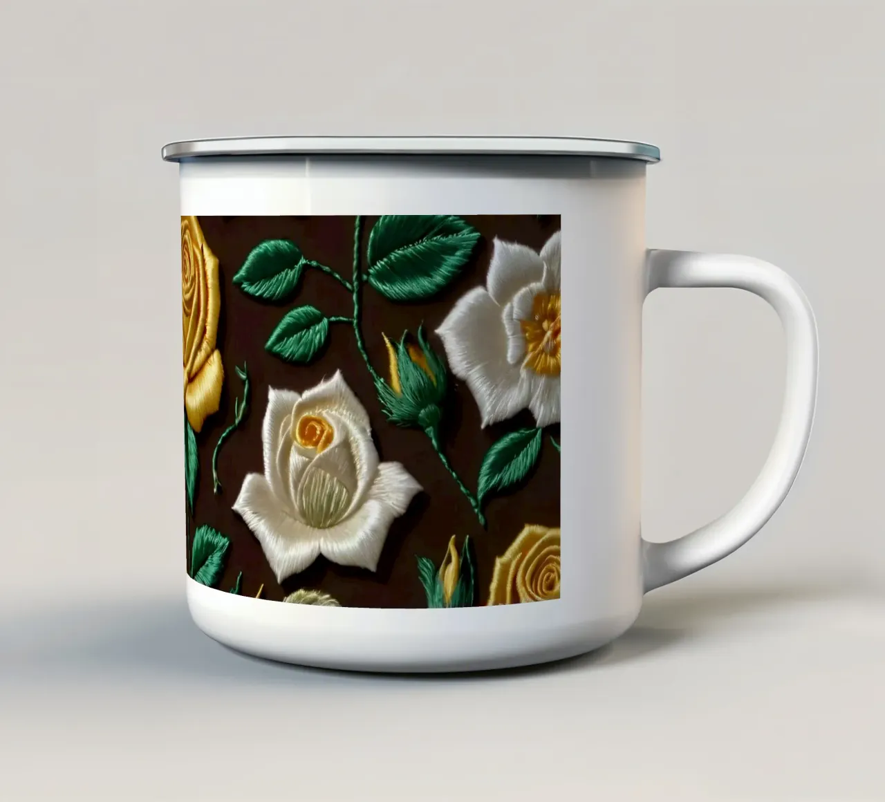 Rose gialle e bianche ricamate di ottima fattura tazza in smalto da DesignDoodle