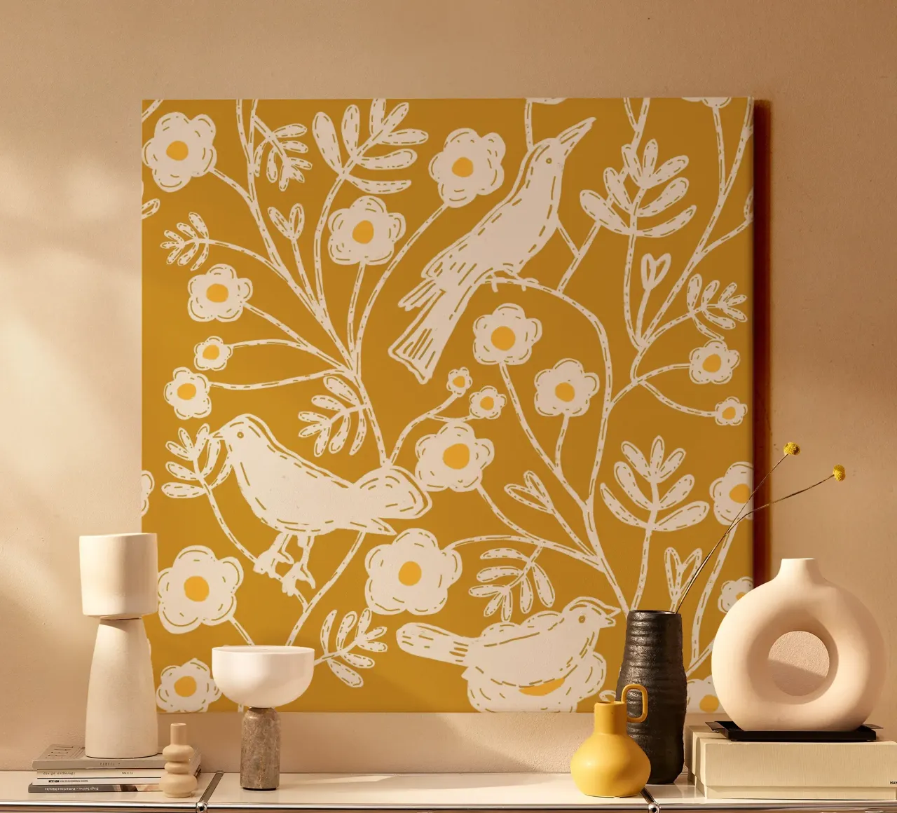 Oker Tuinvogels - Blokprint Bloemen Geel canvas met Baklijst van susanacosta