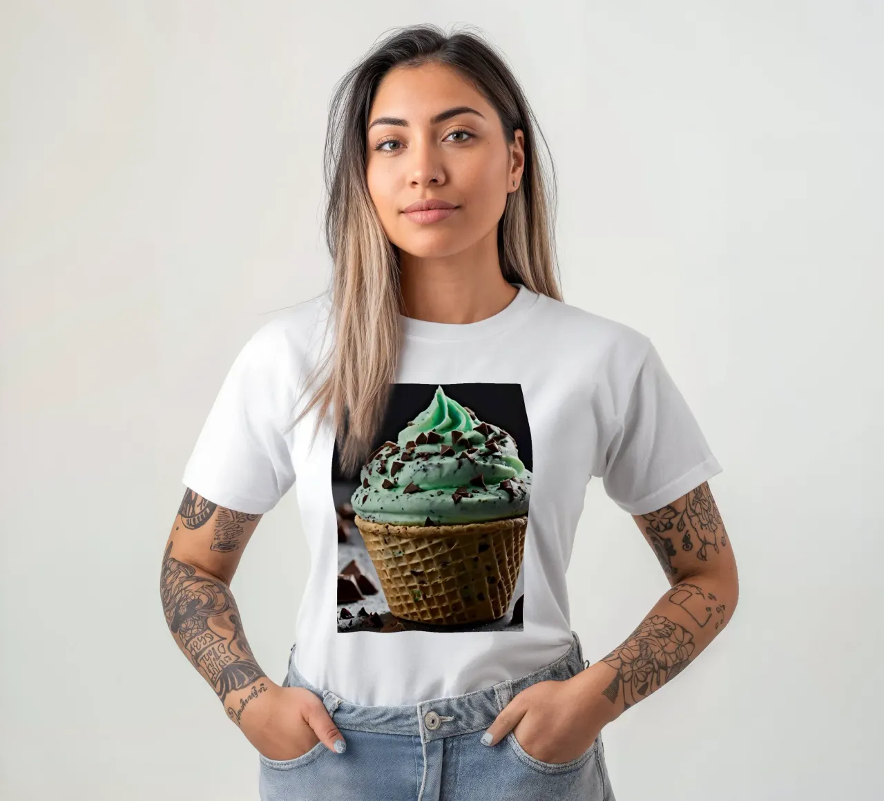 Gelato alla menta con gocce di cioccolato in un cono di cialda t-shirt da DesignDoodle