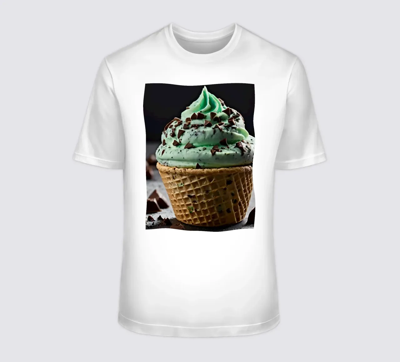 Gelato alla menta con gocce di cioccolato in un cono di cialda t-shirt da DesignDoodle
